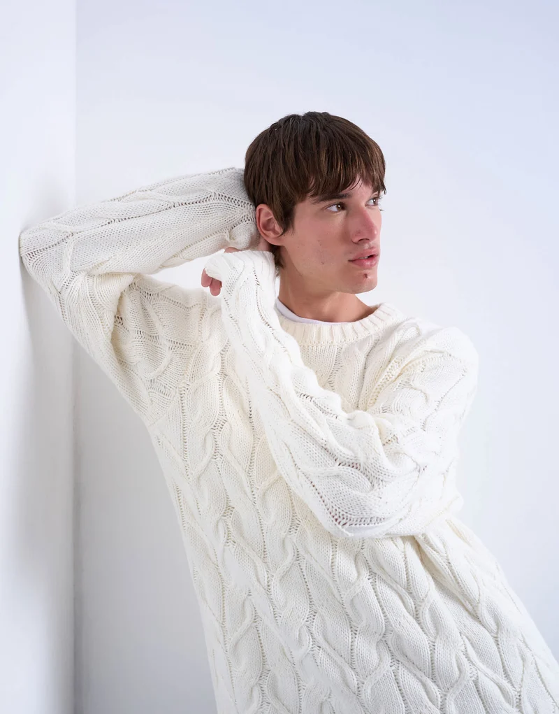 Topman relaxed fit heavyweight knitted jumper with cable in cream