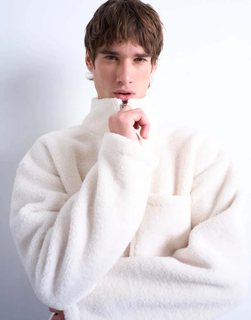 Topman 1/4 zip borg sweatshirt in ecru