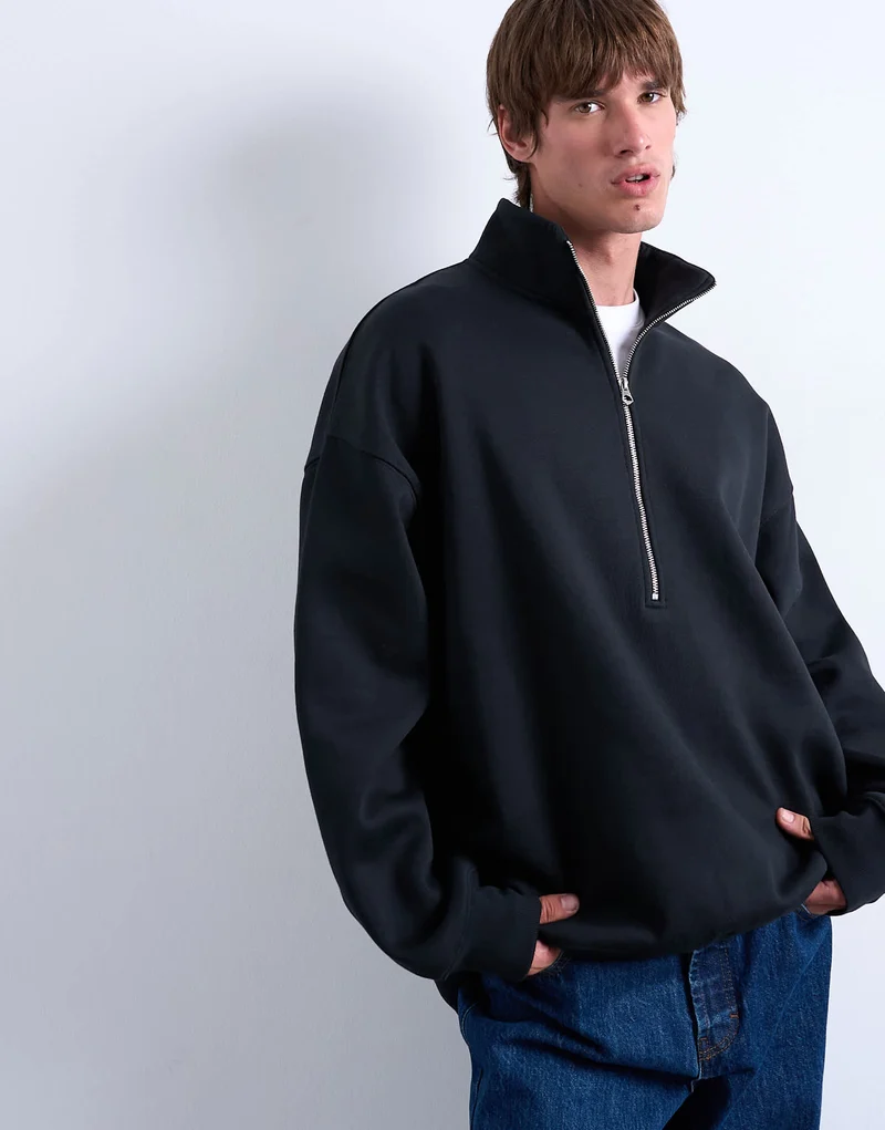 Topman premium oversized fit 1/4 zip funnel neck in black