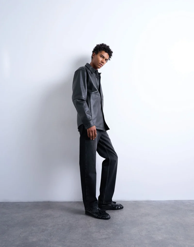 Topman regular fit real leather shirt in black