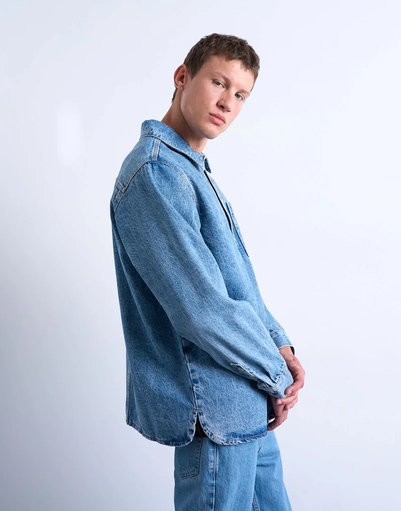 Topman relaxed fit overhead denim shirt in mid wash