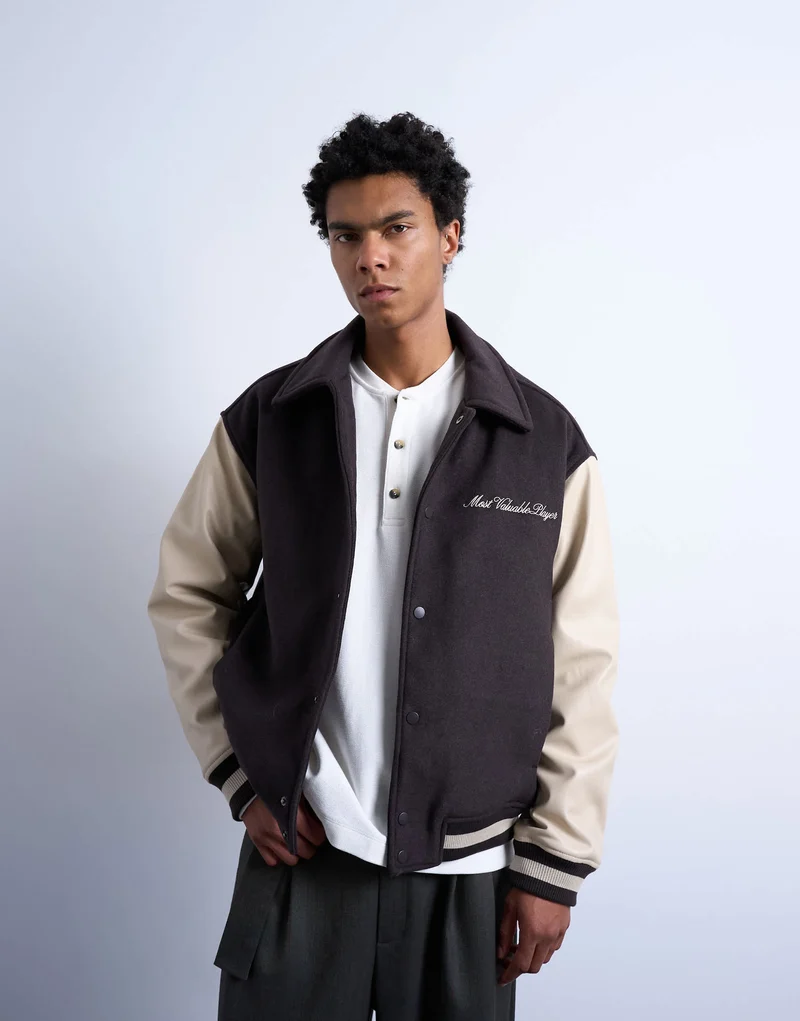 Topman embroidered varsity jacket in brown