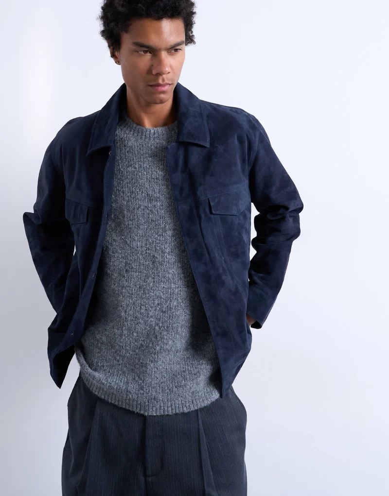 Topman real suede racer jacket in navy