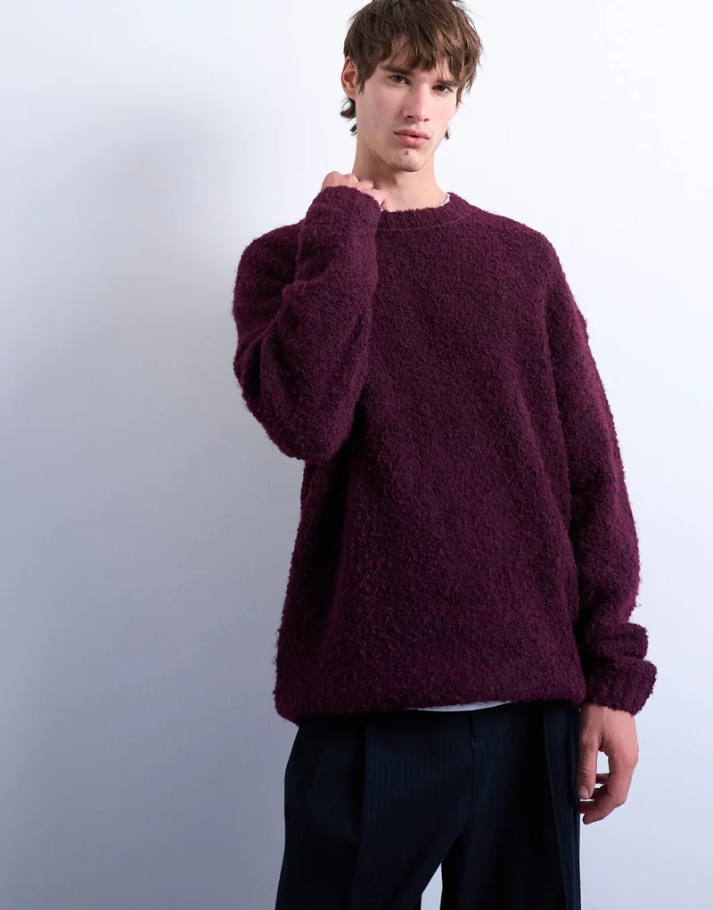 Topman relaxed fit boucle jumper in burgundy