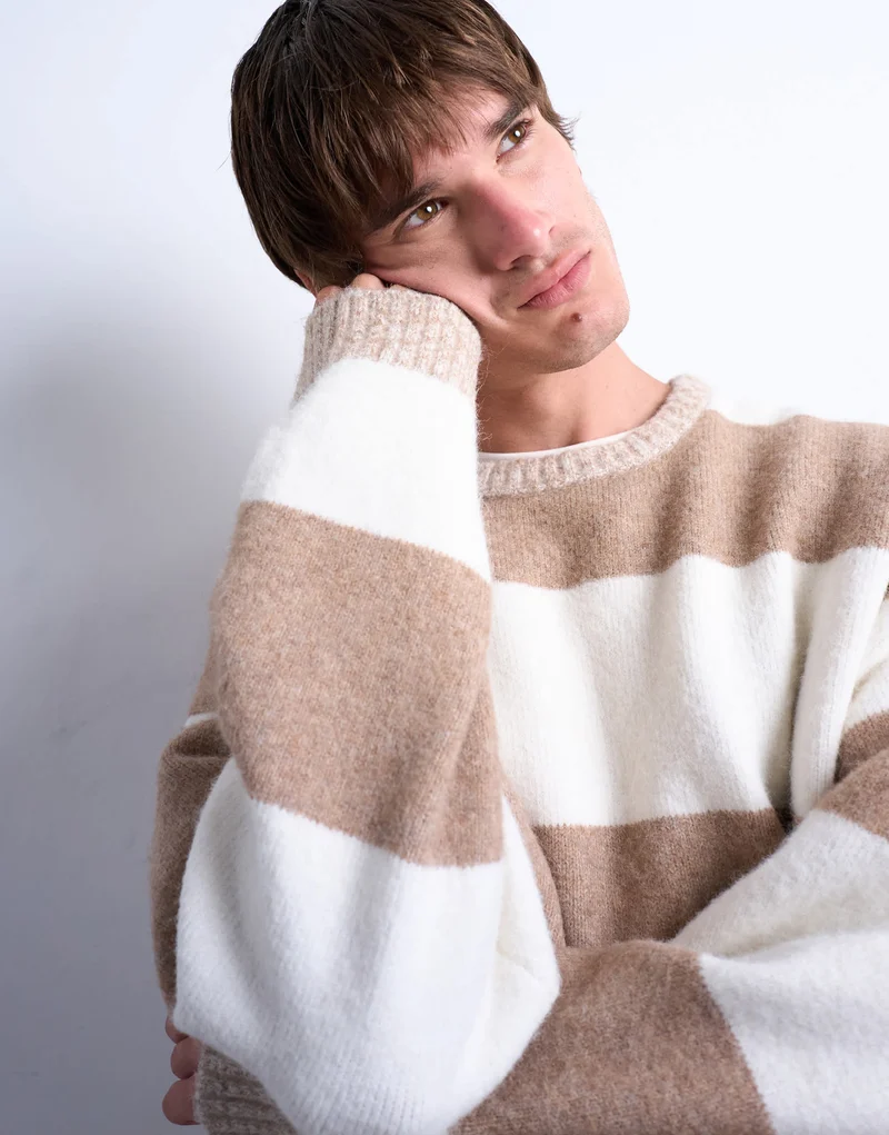Topman regular fit stripe crew in stone and brown