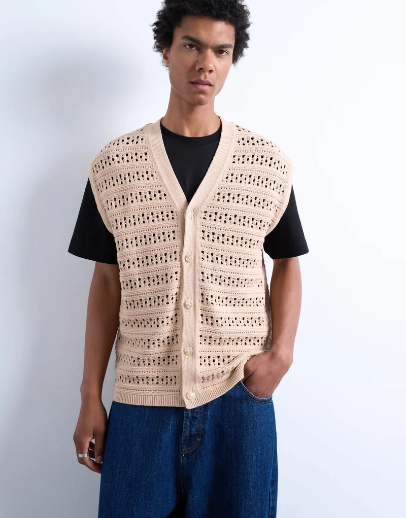 Topman relaxed fit button through knitted tank in stone
