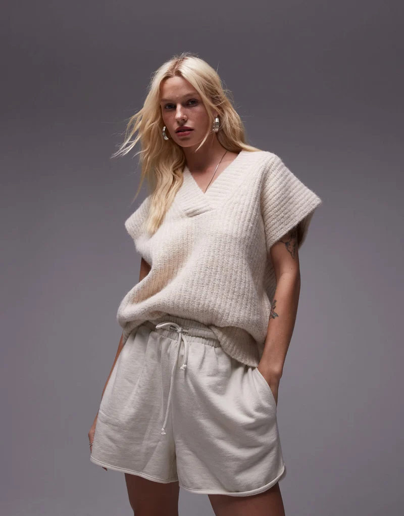 Topshop knitted v-neck relaxed fluffy ribbed vest in oat