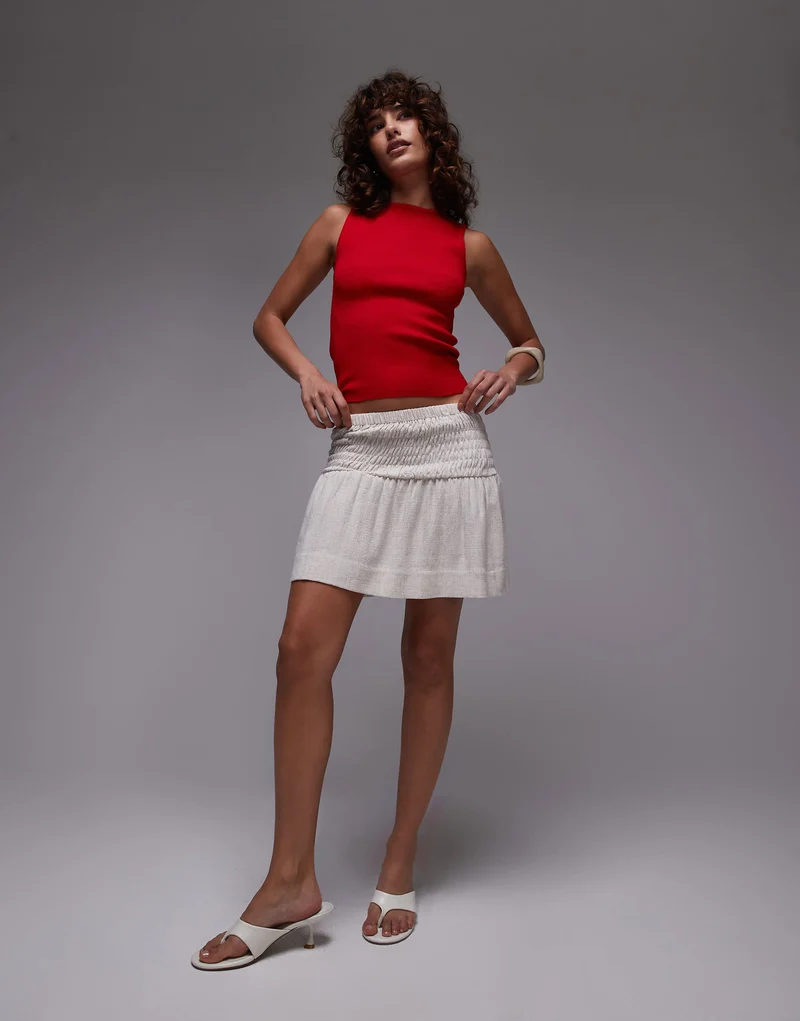 Topshop linen mini skirt with ruched sides in natural