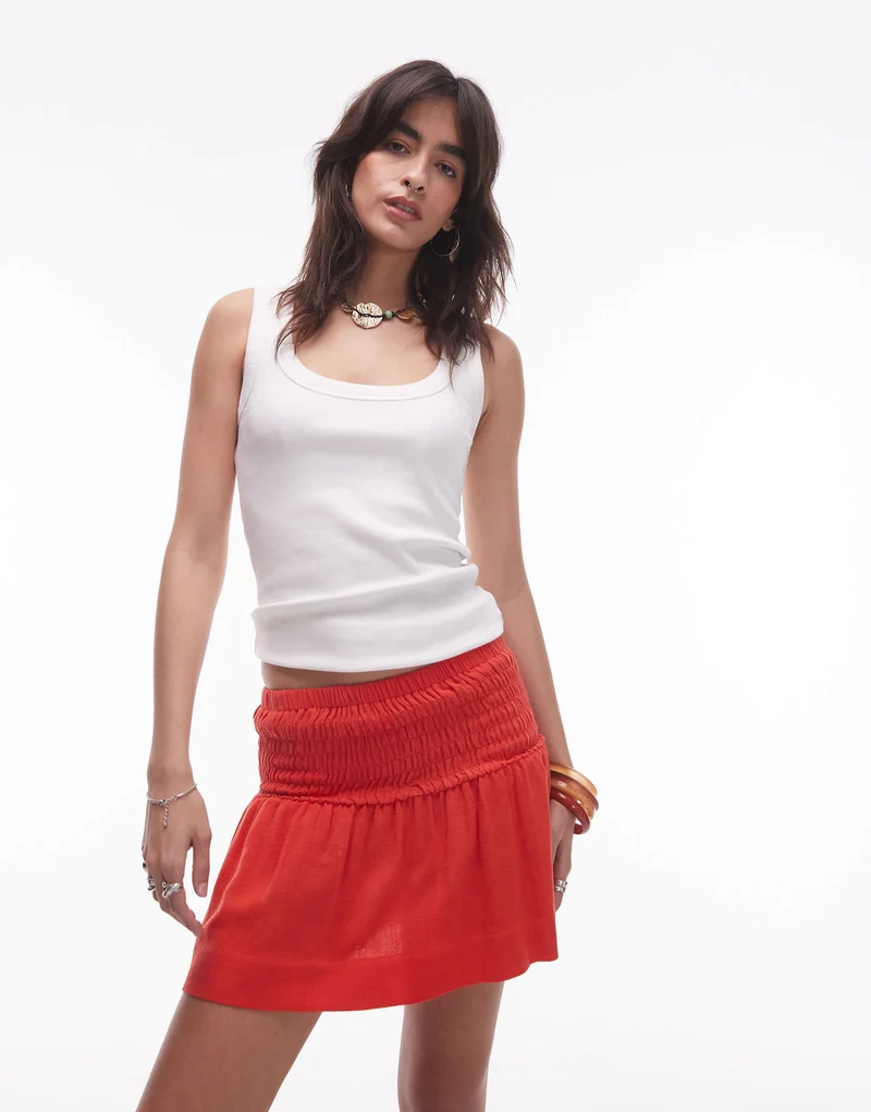 Topshop linen mini skirt with ruched sides in red