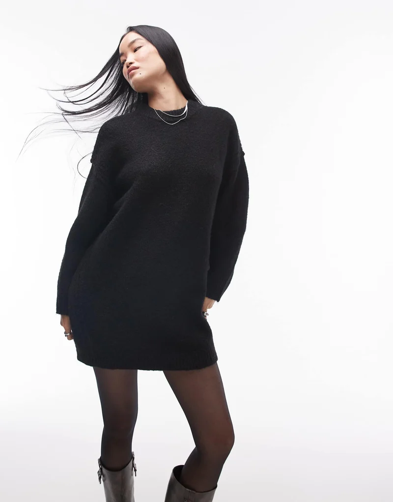 Topshop knitted oversized crew mini dress with exposed seam detail in black