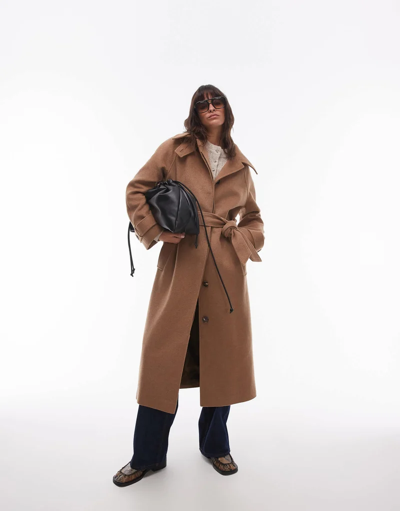 Topshop tab belted car coat twill in camel