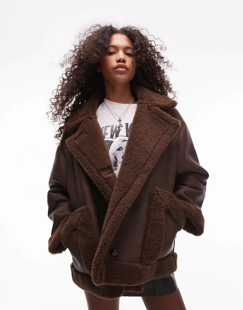 Topshop oversized car coat in chocolate