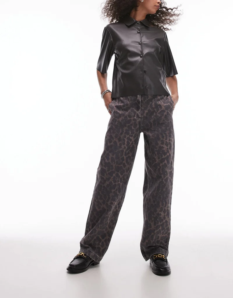 Topshop dark leopard straight leg trouser in multi