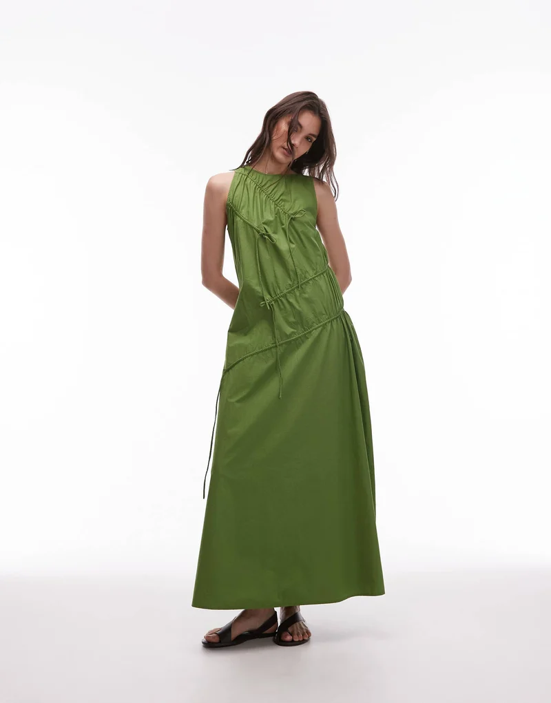 Topshop poplin ruched channel midi dress in green