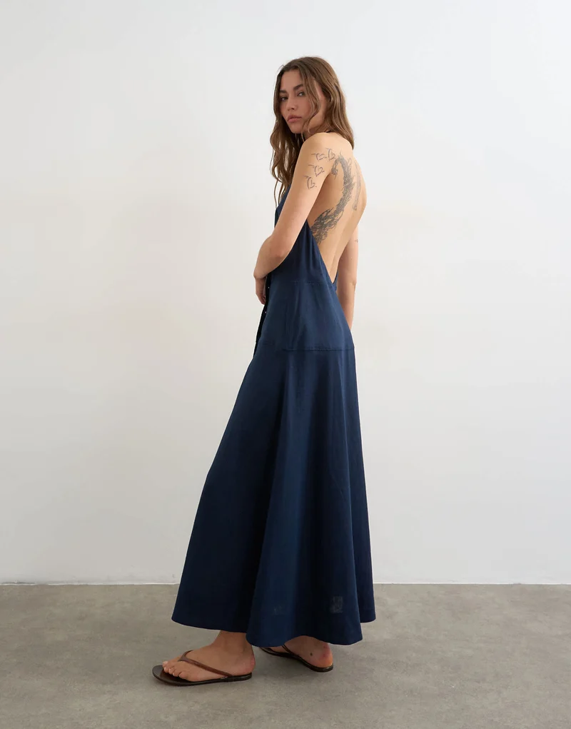 Topshop premium linen rich halter neck wrap maxi dress in dark navy