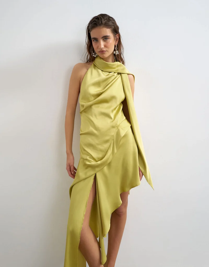 Topshop premium satin halter asymmetric mini dress with scarf detail in golden olive
