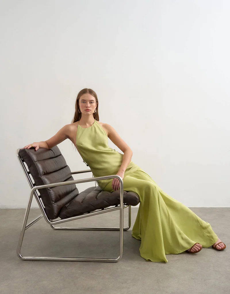 Topshop satin halter neck maxi dress beaded back detail in lime