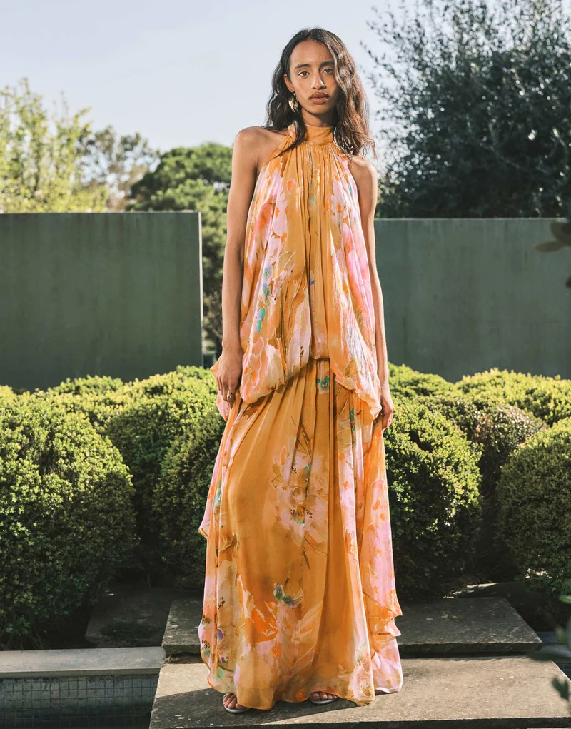 Topshop premium viscose blouson halter neck maxi dress with open back and train in handpainted floral print