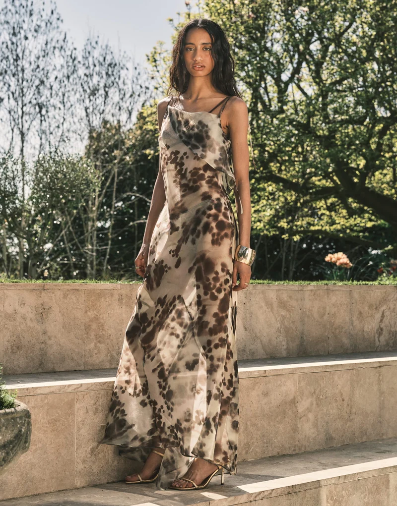Topshop folded bust organza maxi dress in abstract blur print