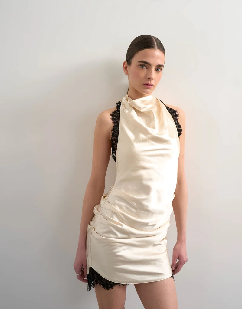 Topshop satin halter cowl neck mini dress with black contrast lace trim in oyster