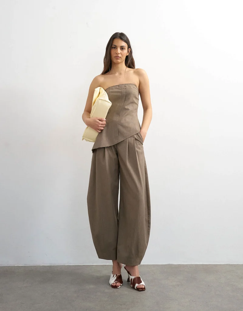 Topshop co ord raw hem barrel leg tailored trouser in brown
