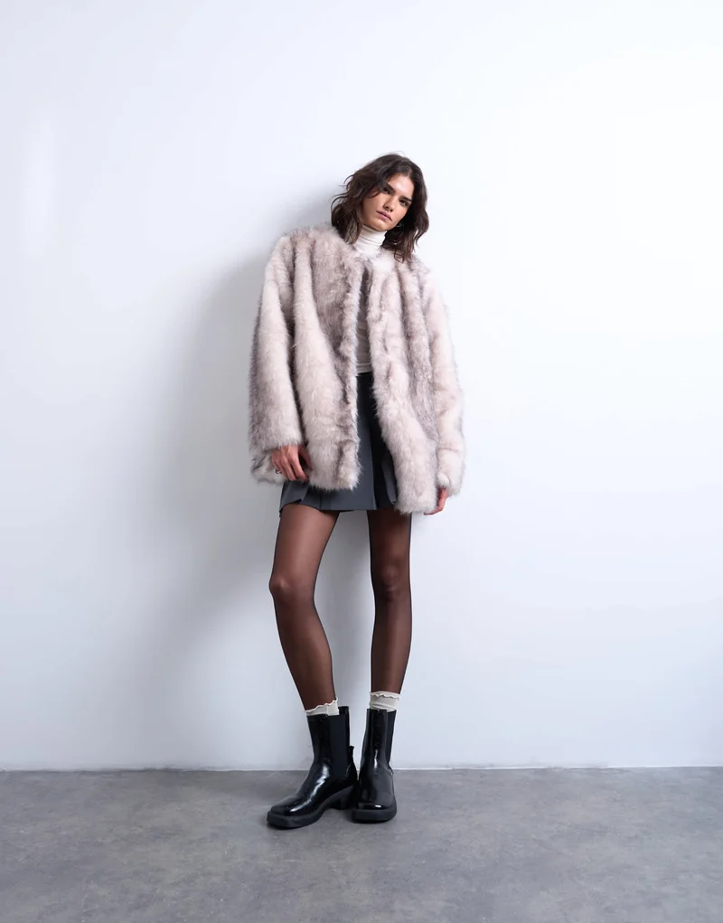 Topshop faux fur collarless mid length coat in white stripe