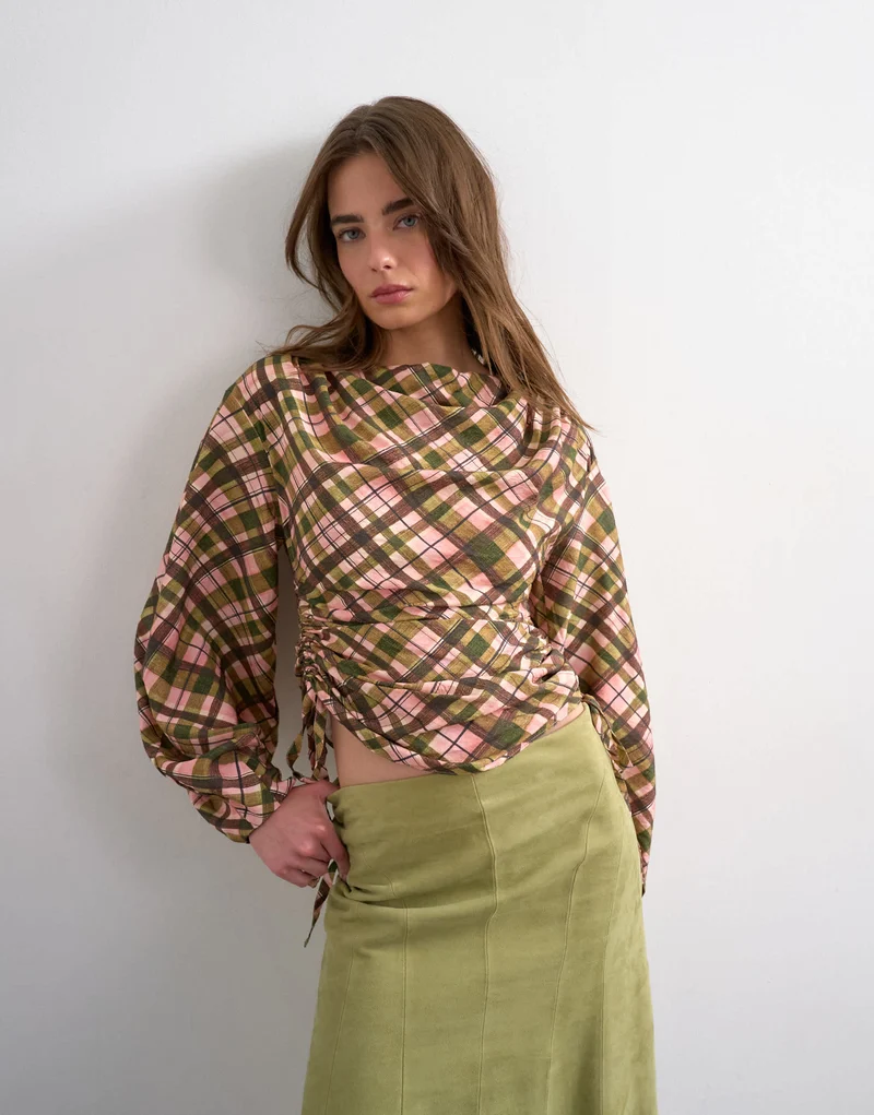Topshop check print long sleeve ruched side top in multi