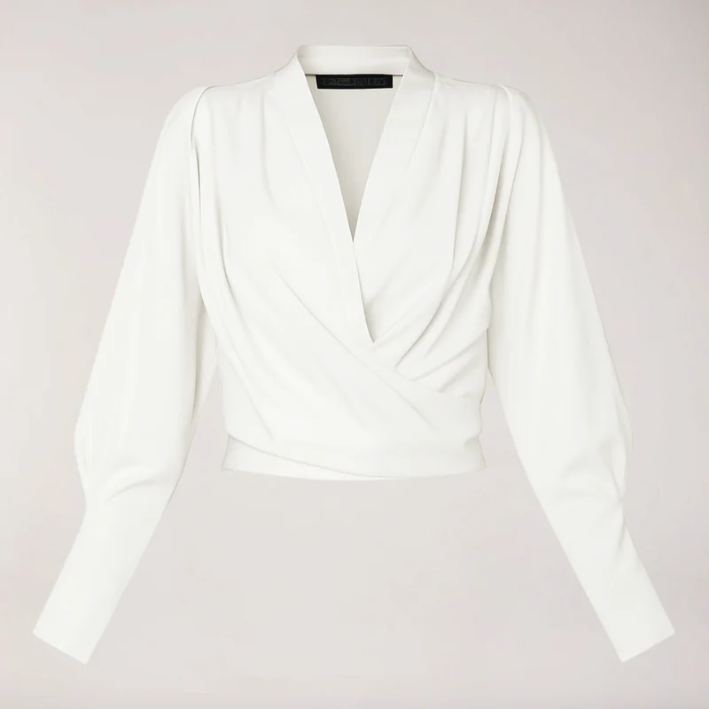 Elegant Blus | Damblus med V-ringning och Puffärmar i Satäng | Smickrande Passform för Stil och Komfort