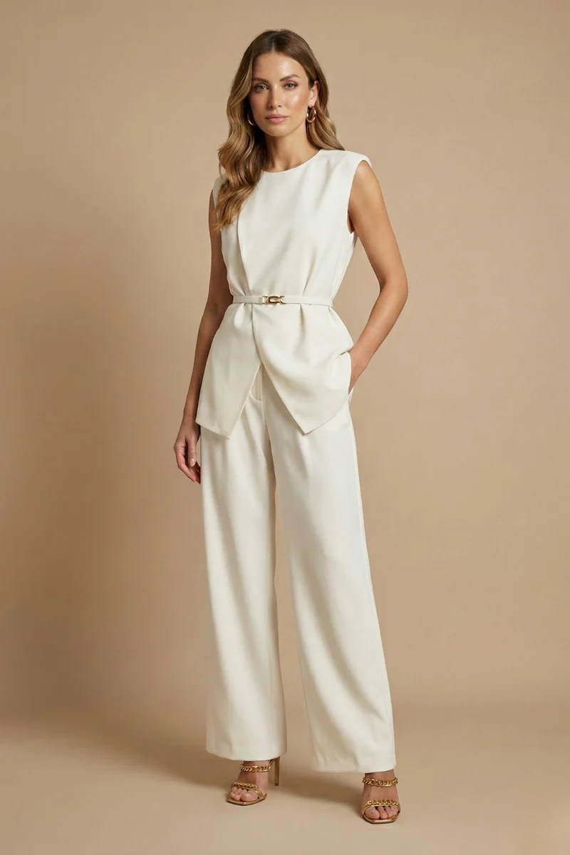 Elegant Tvådelat Set Dam med Ärmlös Topp och Vida Ben Byxor | Modern Design för Formella Tillfällen