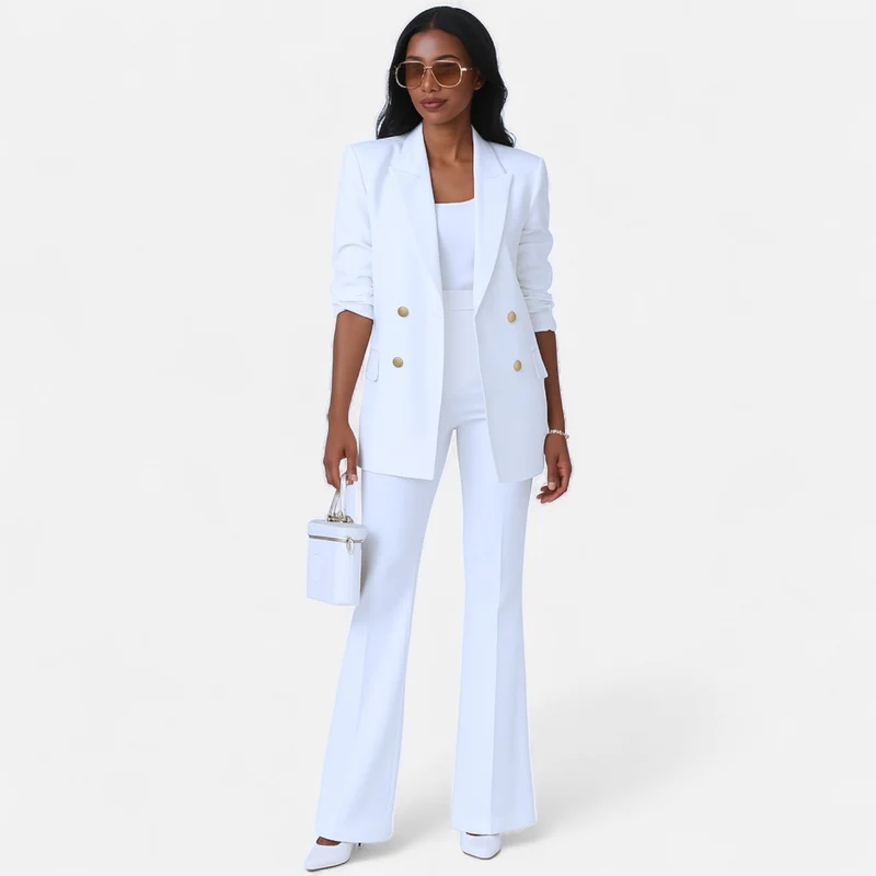 Elegant Kavajbyxa Set | Dubbelknäppt Design med Guldfärgade Knappar | Tidlös Stil för Affär och Fest