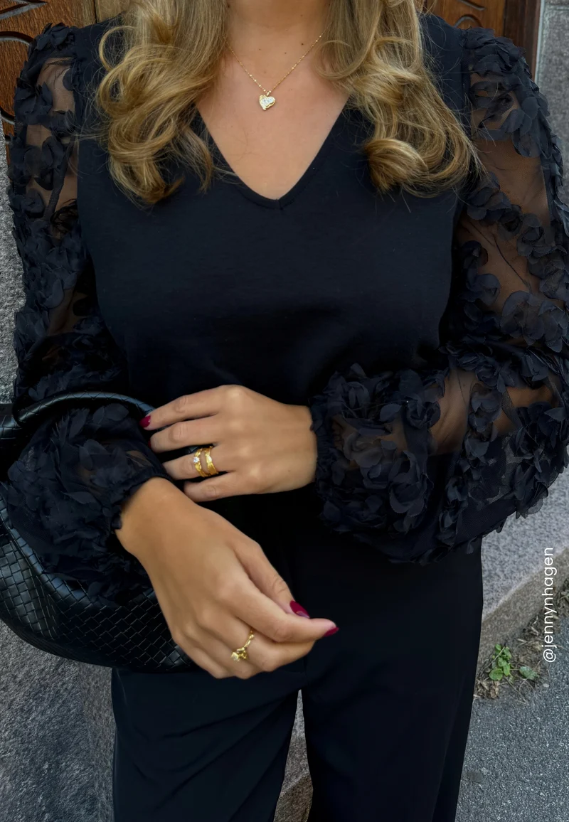 3D Floral Sleeve V-neck Top