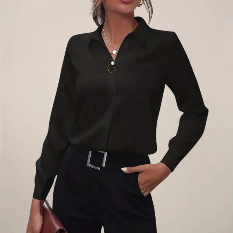 Elegant | Svart Blus med Krage och Minimalistisk Drapering | Perfekt för Arbete och Fritid