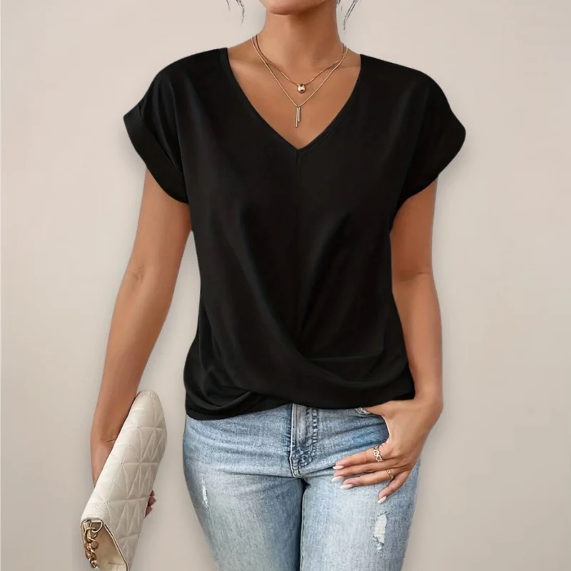 Elegant Damtopp | Kortärmad V-ringad Topp med Twist-Front Detalj | Avslappnad Passform för Vår och Sommar