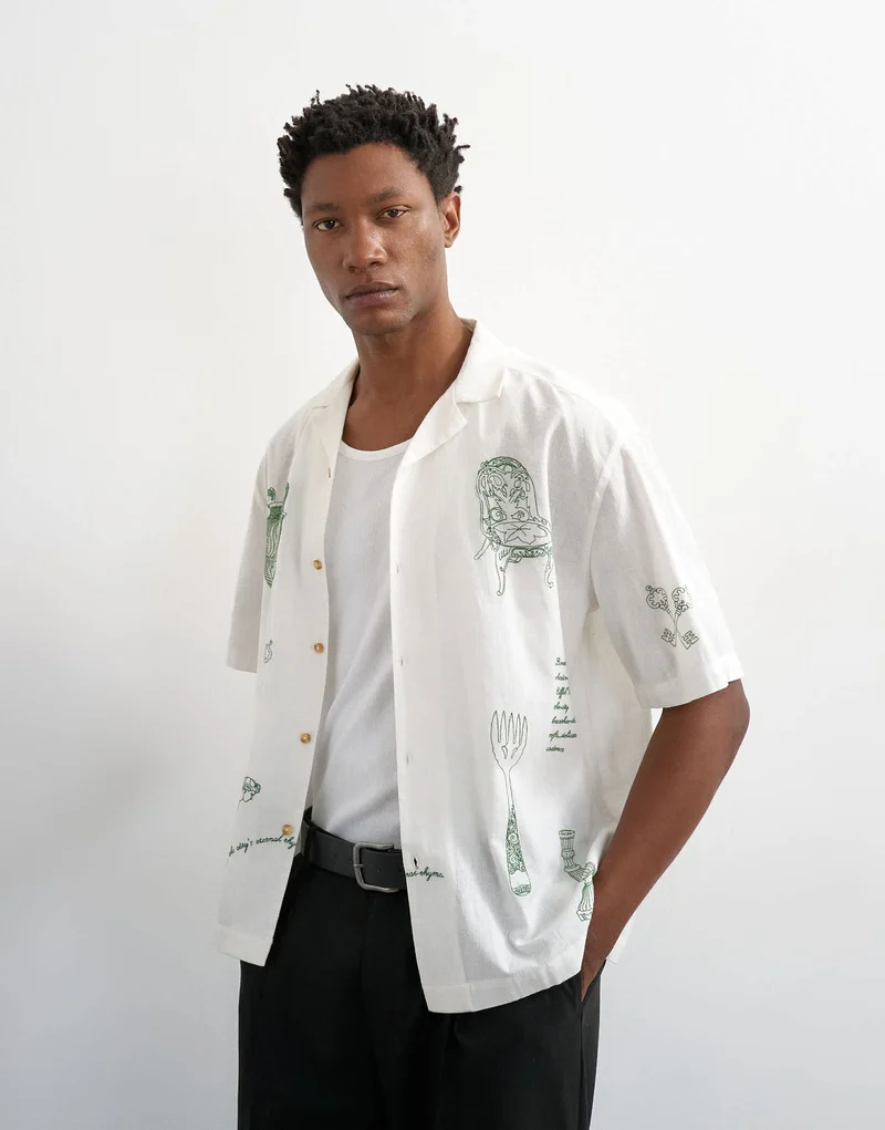 Topman relaxed fit linen blend shirt with all over placement embroidery in ecru