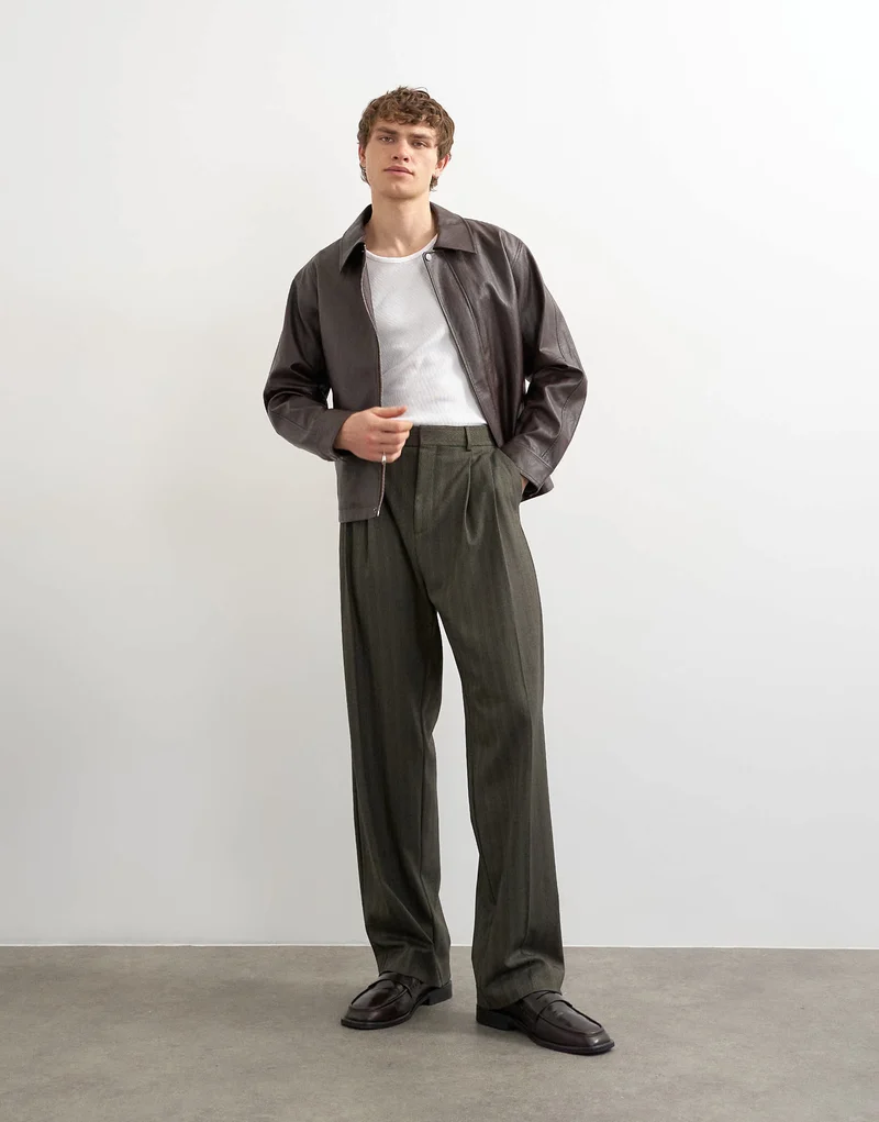 Topman wide leg herringbone stripe trouser in charcoal