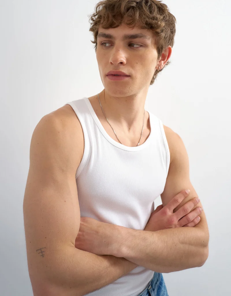 Topman premium square neck ribbed vest in white
