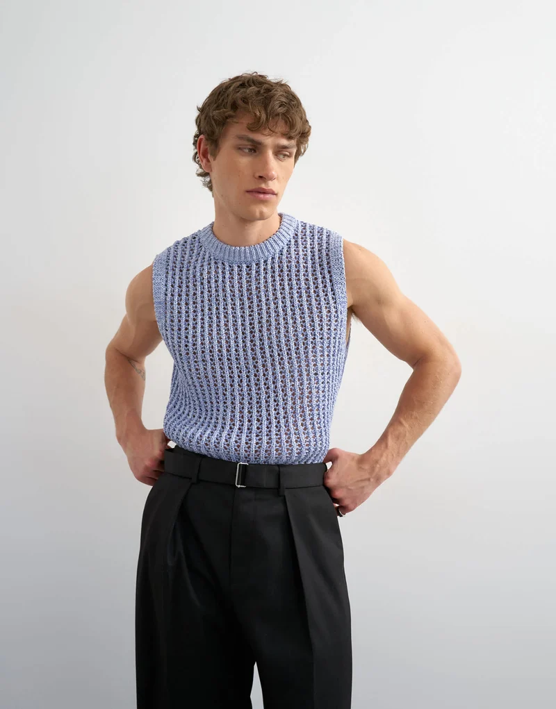 Topman relaxed fit knitted crochet tank in blue