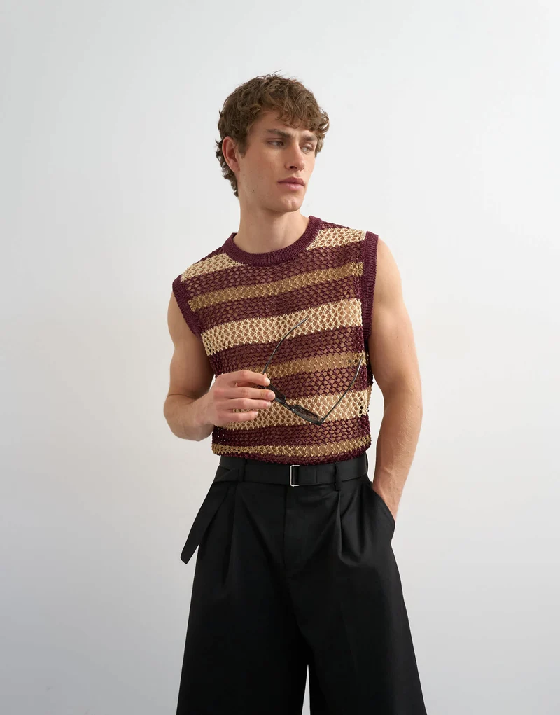 Topman relaxed fit knitted crochet stripe tank in burgundy