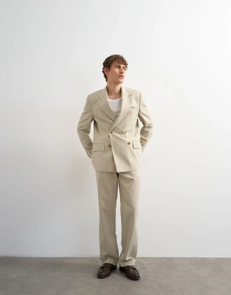 Topman relaxed fit double breasted stripe blazer in stone