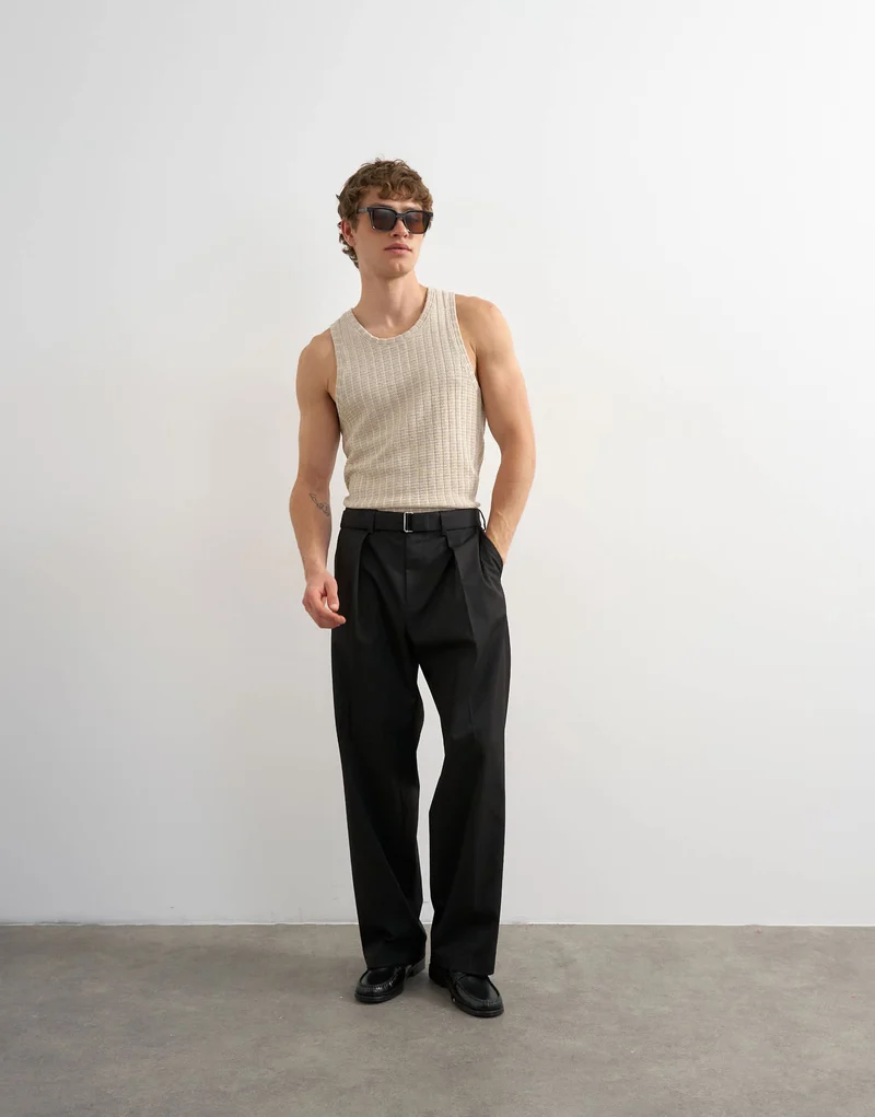 Topman wide leg belted twill trouser in black
