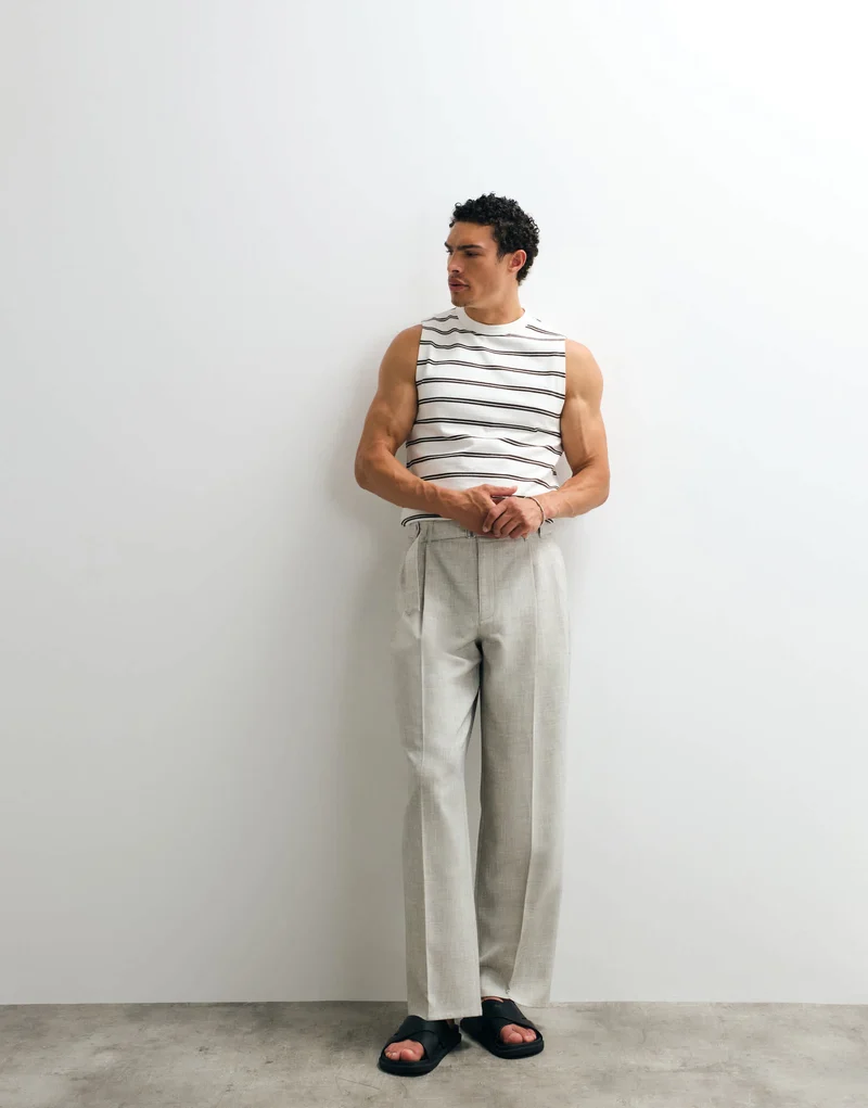 Topman wide leg belted textured trouser in stone