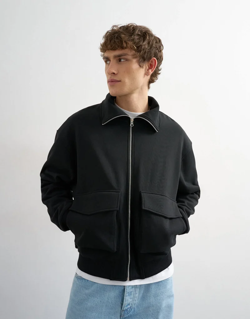 Topman relaxed fit jersey utility shacket with funnel in black