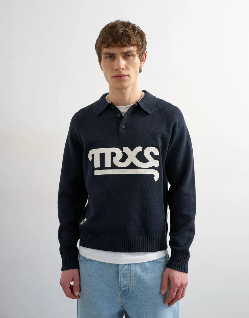 Topman classic fit knitted rugby polo with applique text in navy