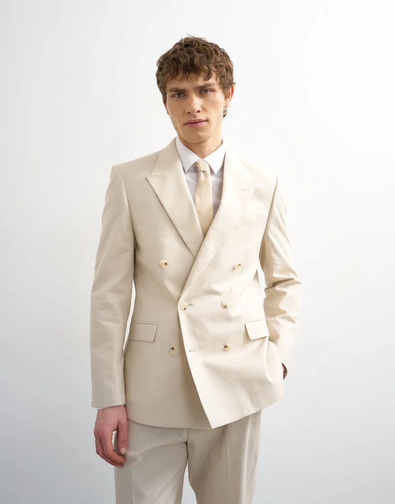 Topman double breasted linen rich blazer in stone