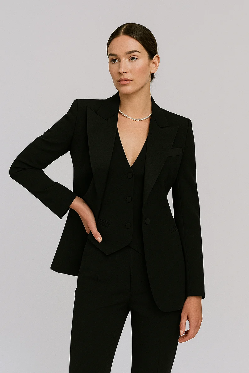 Elegant Kostymset för Kvinnor | Skräddarsydd Kavaj, Väst och Slim Fit-byxor | Tidlös Design för Professionell Stil