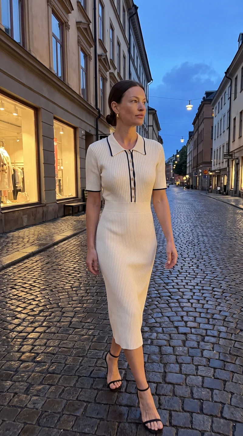 Elegant Midi-Klänning Dam med Polokrage och Knappdetaljer | Smickrande Siluett för Vardags och Fest