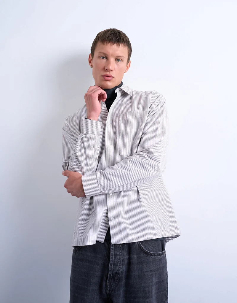Topman relaxed fit stripe shirt in tonal ecru & brown