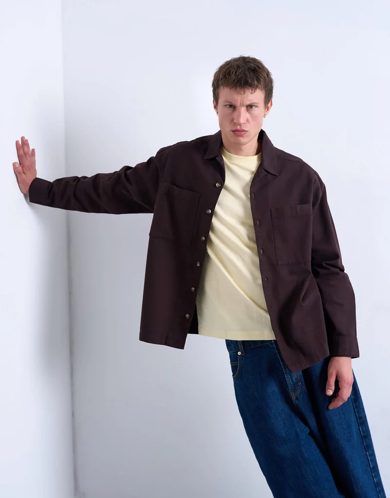 Topman regular fit twill overshirt in brown