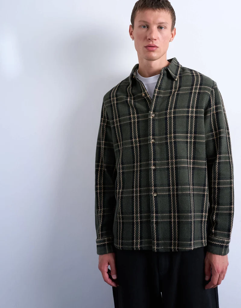 Topman regular fit textured check overshirt in green
