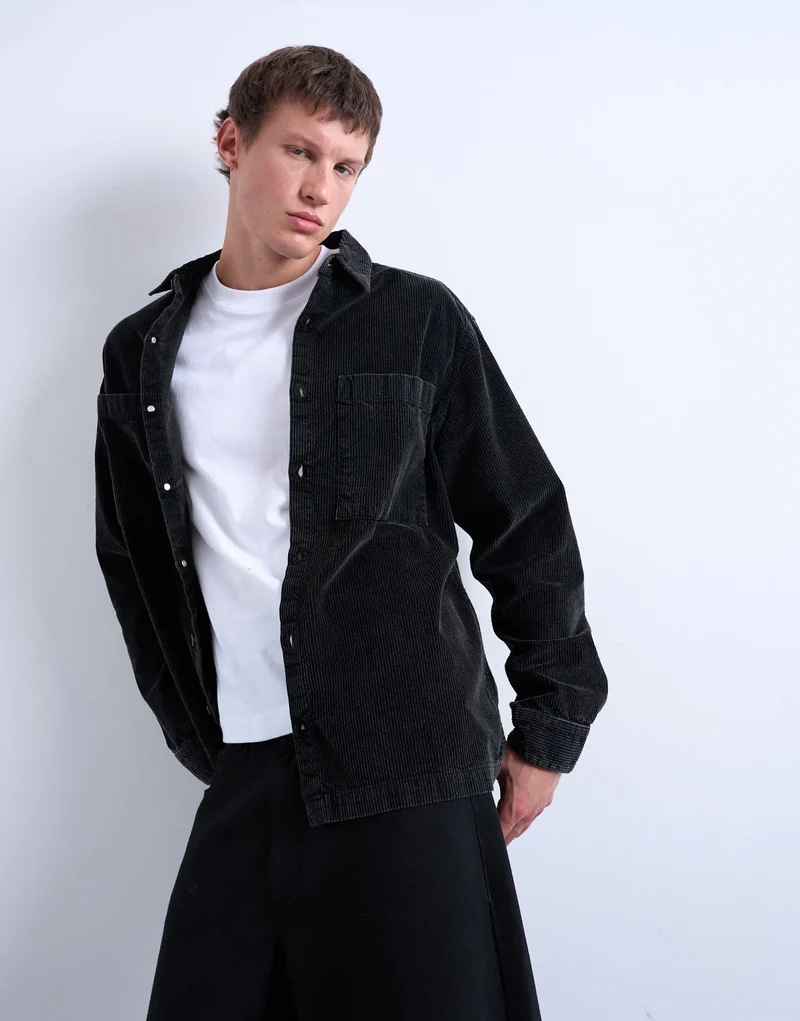 Topman washed cord overshirt in black